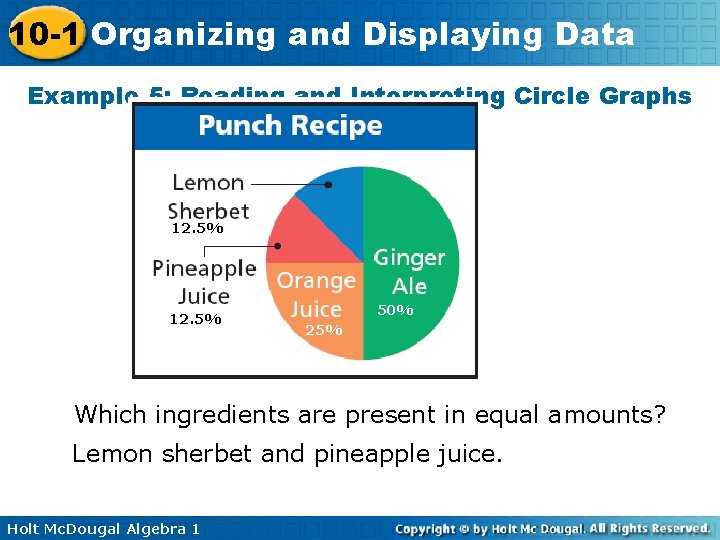 10 -1 Organizing and Displaying Data Example 5: Reading and Interpreting Circle Graphs 12.