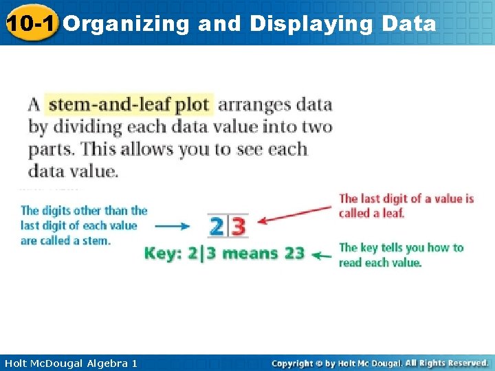 10 -1 Organizing and Displaying Data Holt Mc. Dougal Algebra 1 