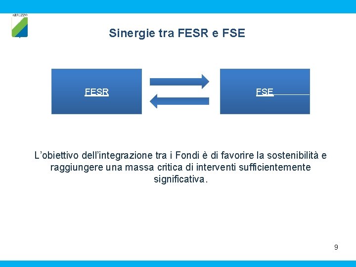 Sinergie tra FESR e FSE FESR FSE L’obiettivo dell’integrazione tra i Fondi è di