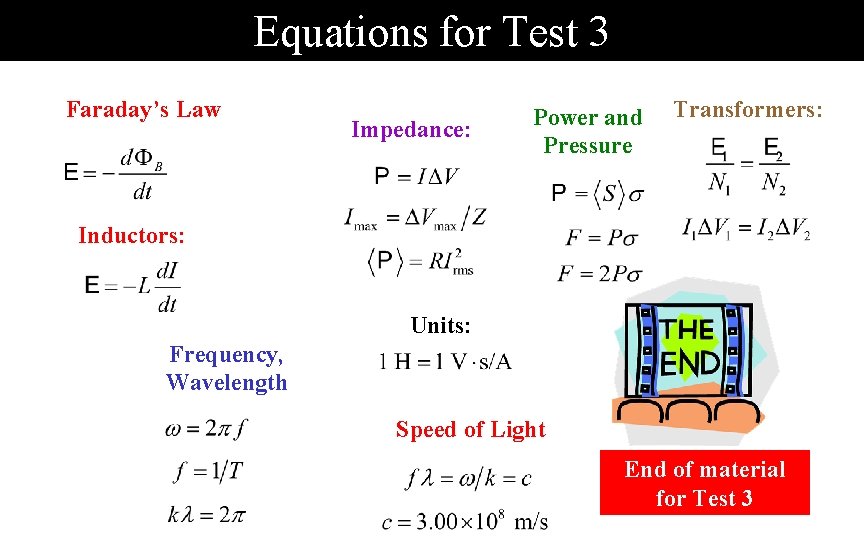 Equations for Test 3 Faraday’s Law Impedance: Power and Pressure Transformers: Inductors: Units: Frequency,