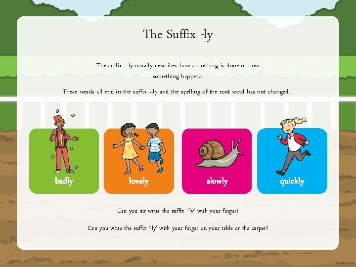 The Suffix -ly The suffix –ly usually describes how something is done or how