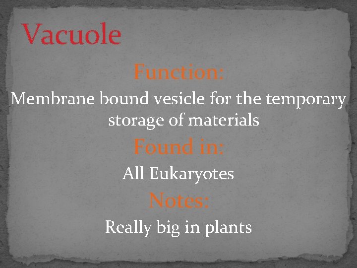 Vacuole Function: Membrane bound vesicle for the temporary storage of materials Found in: All