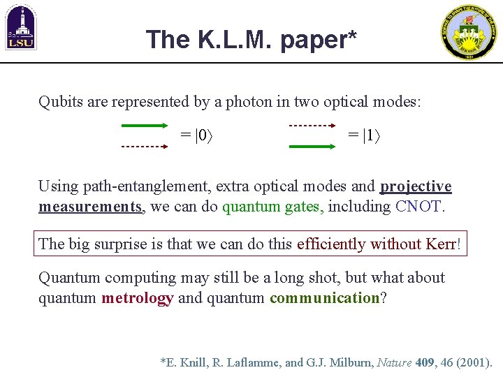 The K. L. M. paper* Qubits are represented by a photon in two optical