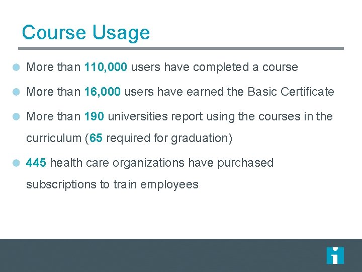 Course Usage More than 110, 000 users have completed a course More than 16,