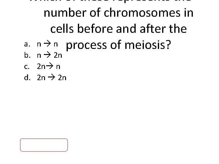 Which of these represents the number of chromosomes in cells before and after the