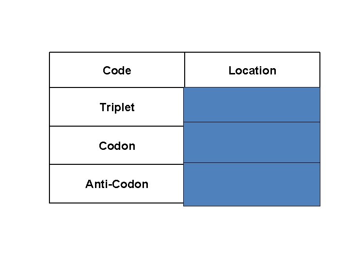 Code Location Triplet DNA Codon m. RNA Anti-Codon t. RNA 