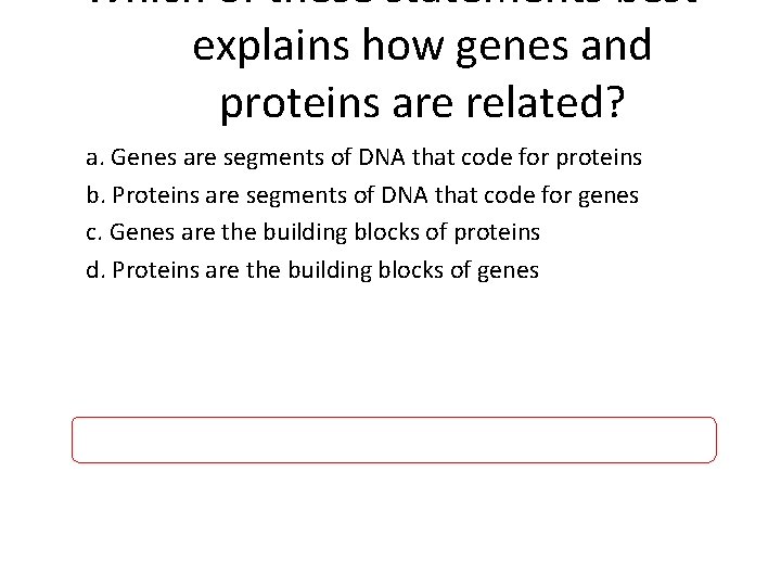 Which of these statements best explains how genes and proteins are related? a. Genes