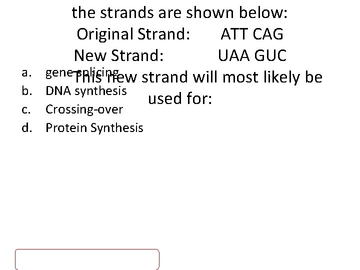 the strands are shown below: Original Strand: ATT CAG New Strand: UAA GUC gene.