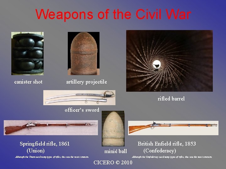 Weapons of the Civil War canister shot artillery projectile rifled barrel officer’s sword Springfield