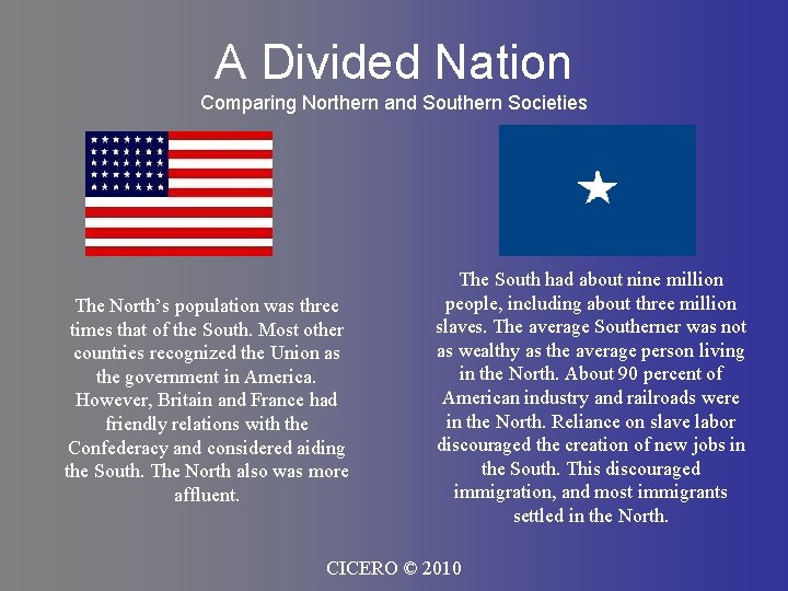 A Divided Nation Comparing Northern and Southern Societies The North’s population was three times