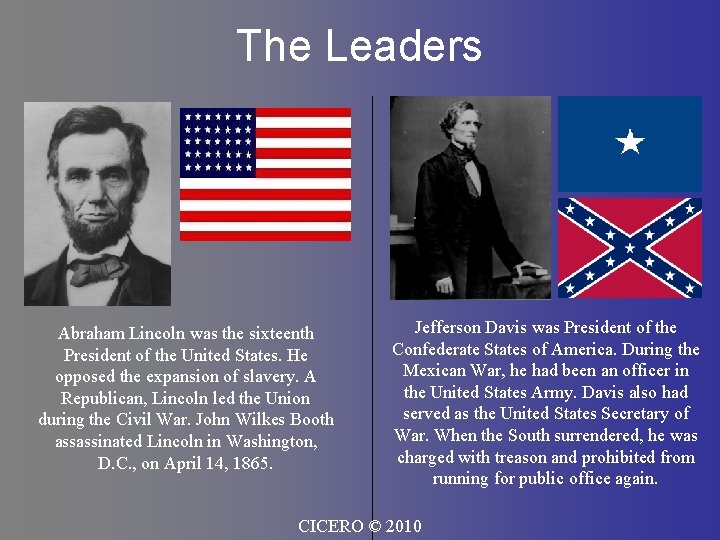 The Leaders Abraham Lincoln was the sixteenth President of the United States. He opposed