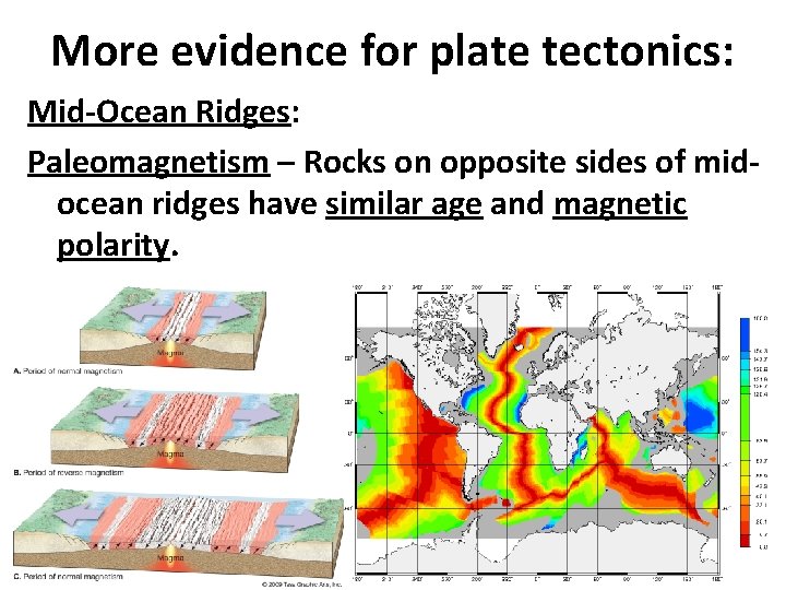 More evidence for plate tectonics: Mid-Ocean Ridges: Paleomagnetism – Rocks on opposite sides of