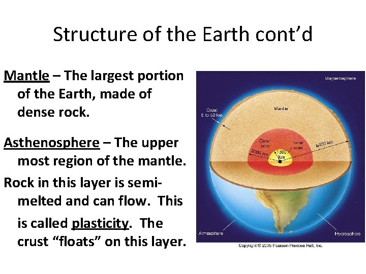 Structure of the Earth cont’d Mantle – The largest portion of the Earth, made