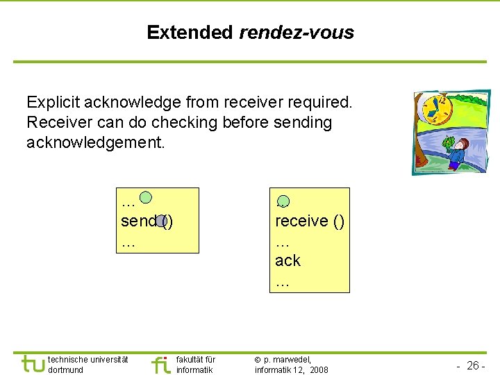 Extended rendez-vous Explicit acknowledge from receiver required. Receiver can do checking before sending acknowledgement.