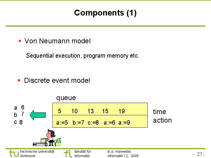 Components (1) § Von Neumann model Sequential execution, program memory etc. § Discrete event