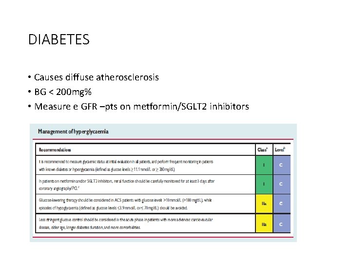 DIABETES • Causes diffuse atherosclerosis • BG < 200 mg% • Measure e GFR