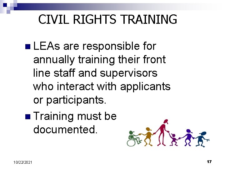 CIVIL RIGHTS TRAINING n LEAs are responsible for annually training their front line staff