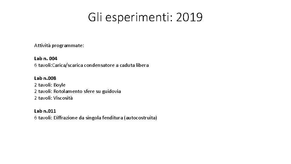 Gli esperimenti: 2019 Attività programmate: Lab n. 004 6 tavoli: Carica/scarica condensatore a caduta