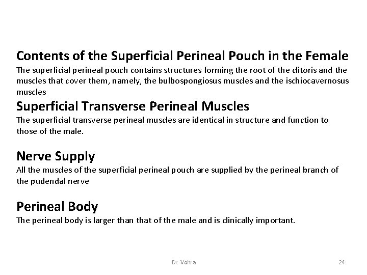 Contents of the Superficial Perineal Pouch in the Female The superficial perineal pouch contains