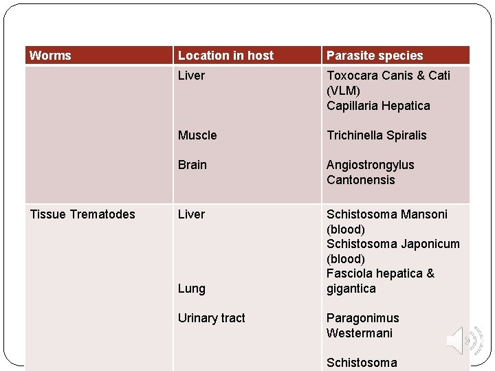 Worms Tissue Trematodes Location in host Parasite species Liver Toxocara Canis & Cati (VLM)