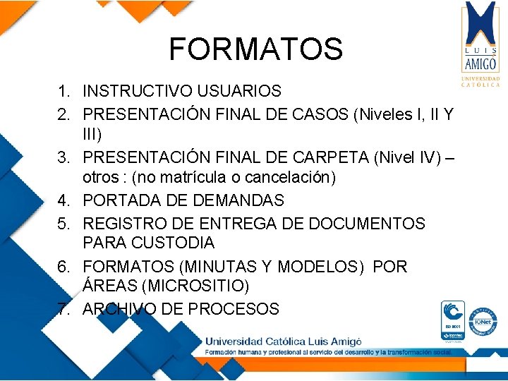 FORMATOS 1. INSTRUCTIVO USUARIOS 2. PRESENTACIÓN FINAL DE CASOS (Niveles I, II Y III)