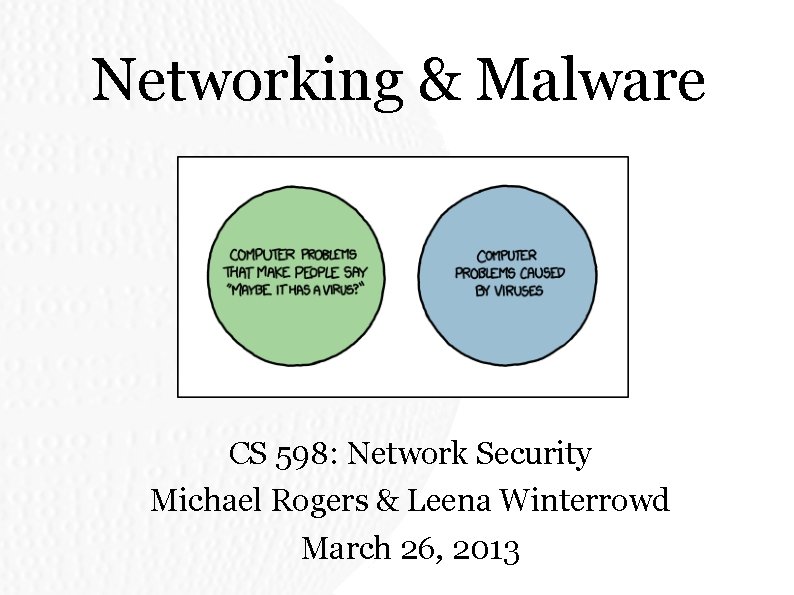 Networking & Malware CS 598: Network Security Michael Rogers & Leena Winterrowd March 26, Networking & Malware CS 598: Network Security Michael Rogers & Leena Winterrowd March 26,