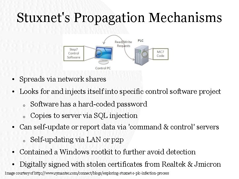 Stuxnet's Propagation Mechanisms • Spreads via network shares • Looks for and injects itself Stuxnet's Propagation Mechanisms • Spreads via network shares • Looks for and injects itself