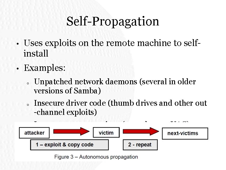 Self-Propagation • Uses exploits on the remote machine to selfinstall • Examples: o o Self-Propagation • Uses exploits on the remote machine to selfinstall • Examples: o o