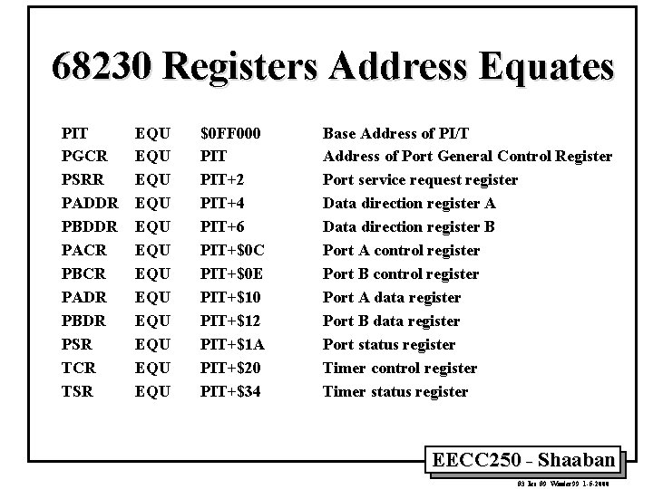 68230 Registers Address Equates PIT PGCR PSRR PADDR PBDDR PACR PBCR PADR PBDR PSR