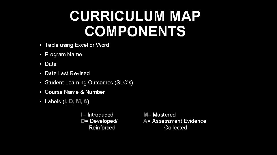 CURRICULUM MAP COMPONENTS • Table using Excel or Word • Program Name • Date