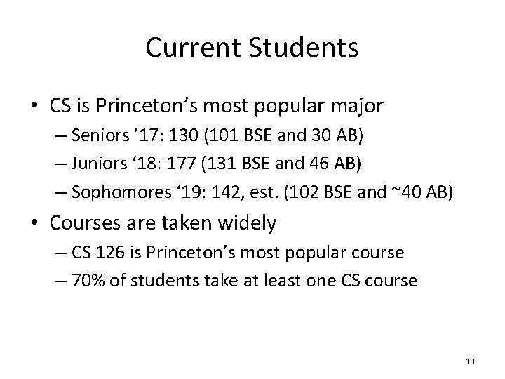 Current Students • CS is Princeton’s most popular major – Seniors ’ 17: 130