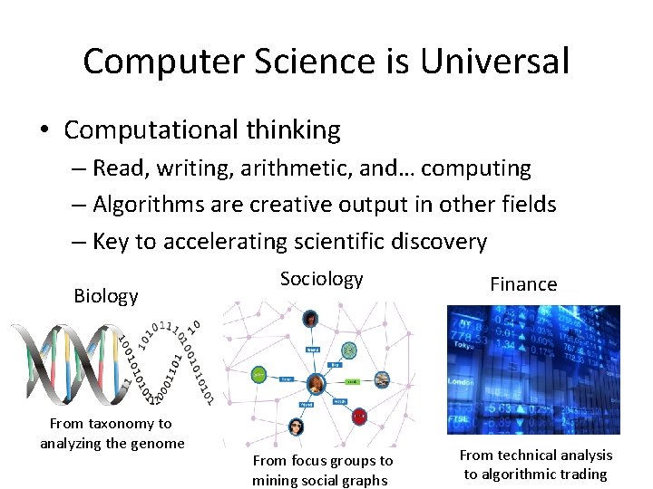 Computer Science is Universal • Computational thinking – Read, writing, arithmetic, and… computing –