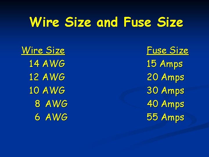 Wire Size and Fuse Size Wire Size 14 AWG 12 AWG 10 AWG 8