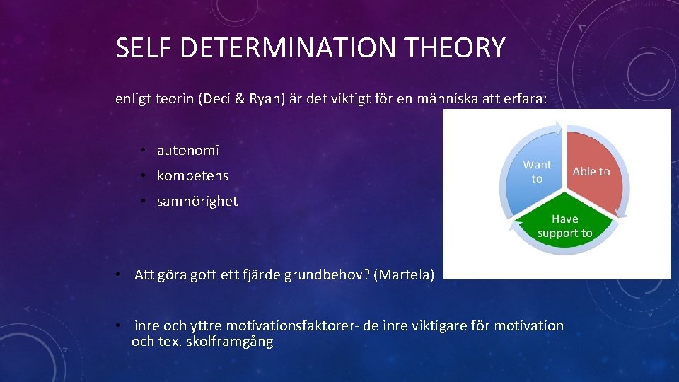 SELF DETERMINATION THEORY enligt teorin (Deci & Ryan) är det viktigt för en människa