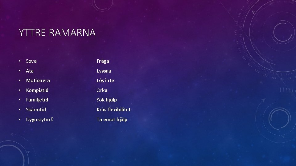 YTTRE RAMARNA • Sova Fråga • Äta Lyssna • Motionera Lös inte • Kompistid