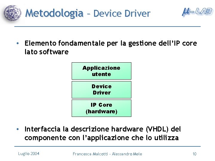 Metodologia – Device Driver • Elemento fondamentale per la gestione dell’IP core lato software