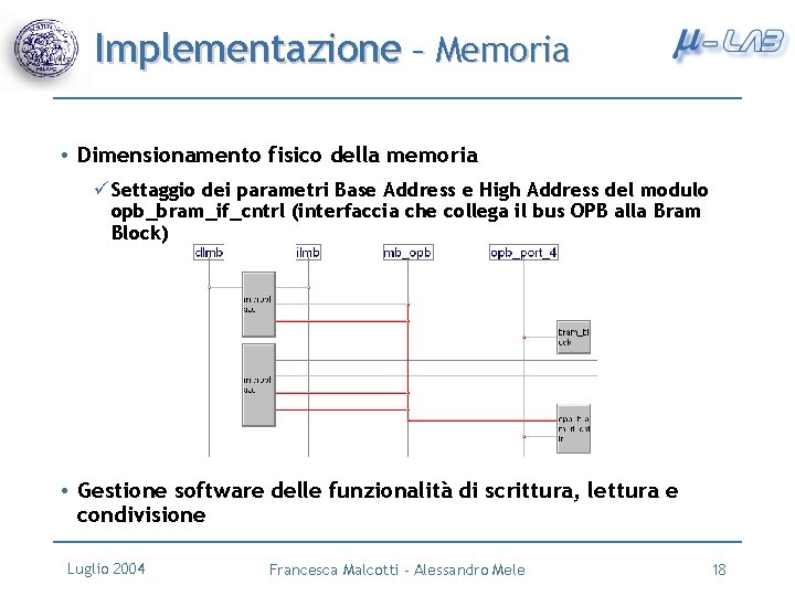 Implementazione – Memoria • Dimensionamento fisico della memoria ü Settaggio dei parametri Base Address