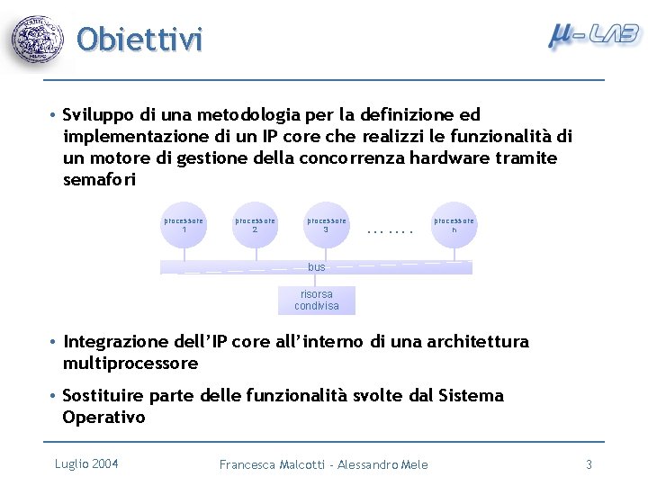 Obiettivi • Sviluppo di una metodologia per la definizione ed implementazione di un IP