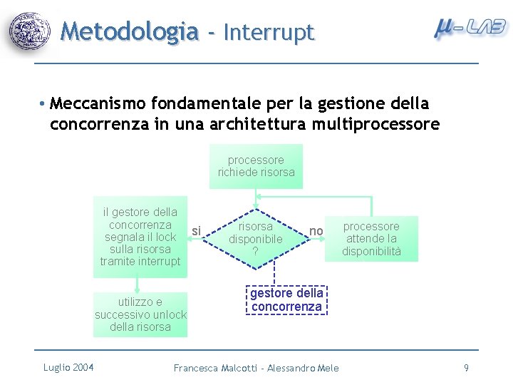 Metodologia - Interrupt • Meccanismo fondamentale per la gestione della concorrenza in una architettura