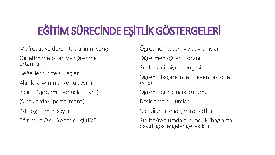 EĞİTİM SÜRECİNDE EŞİTLİK GÖSTERGELERİ Müfredat ve ders kitaplarının içeriği Öğretim metotları ve öğrenme ortamları