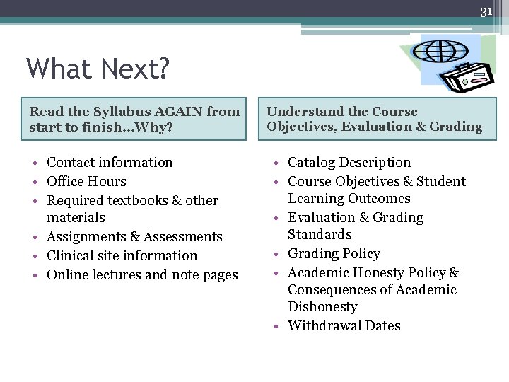 31 What Next? Read the Syllabus AGAIN from start to finish…Why? • Contact information