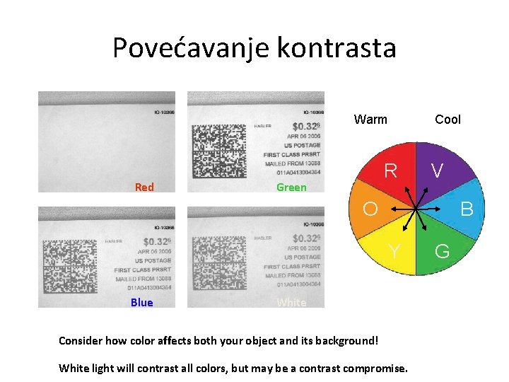 Povećavanje kontrasta Warm Red Cool R Green V O B Y Blue White Consider