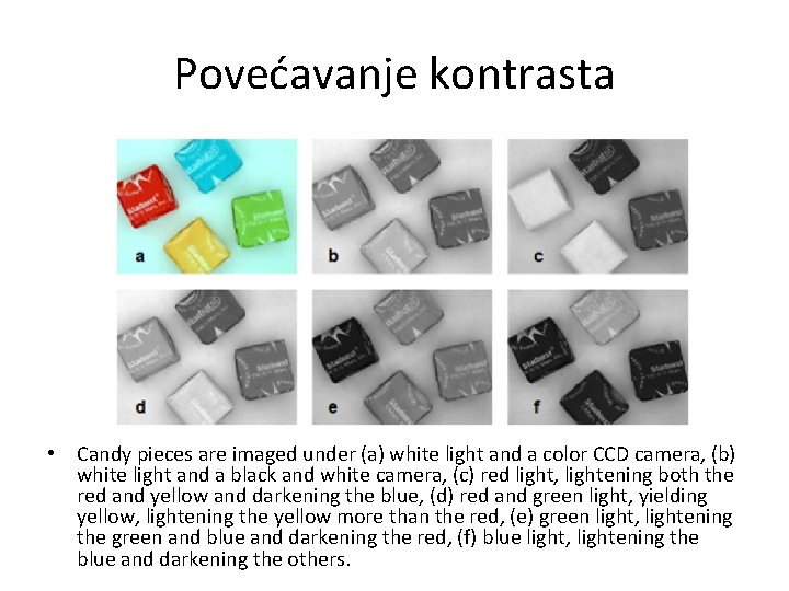 Povećavanje kontrasta • Candy pieces are imaged under (a) white light and a color