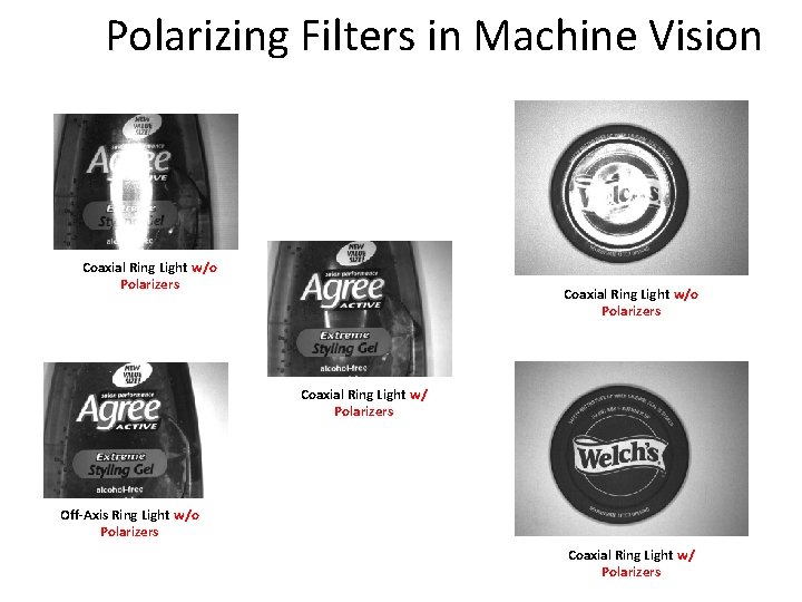Polarizing Filters in Machine Vision Coaxial Ring Light w/o Polarizers Coaxial Ring Light w/