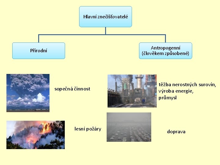 Hlavní znečišťovatelé Antropogenní (člověkem způsobené) Přírodní sopečná činnost lesní požáry těžba nerostných surovin, výroba