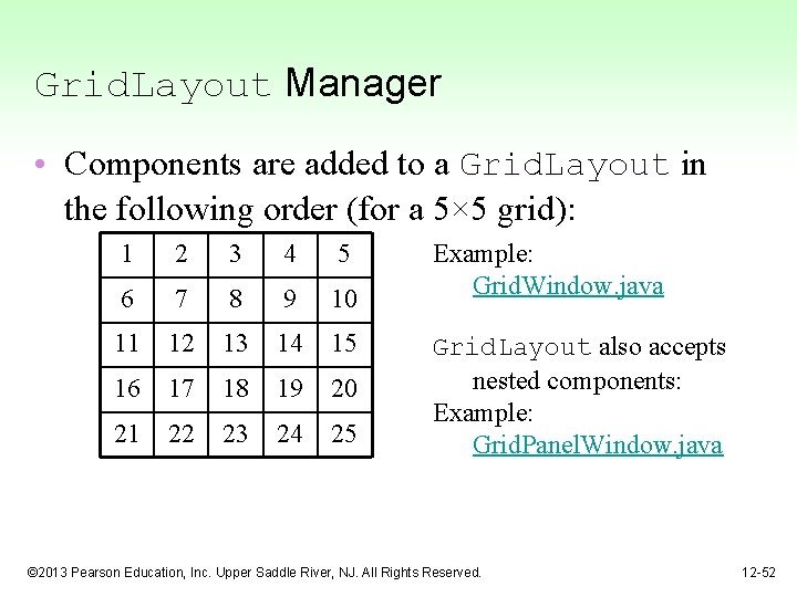 Grid. Layout Manager • Components are added to a Grid. Layout in the following