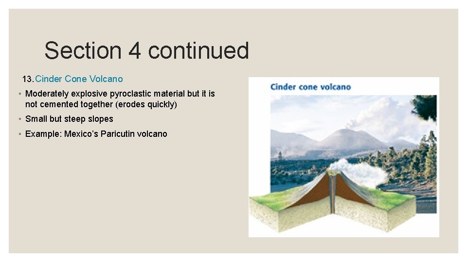 Section 4 continued 13. Cinder Cone Volcano ◦ Moderately explosive pyroclastic material but it