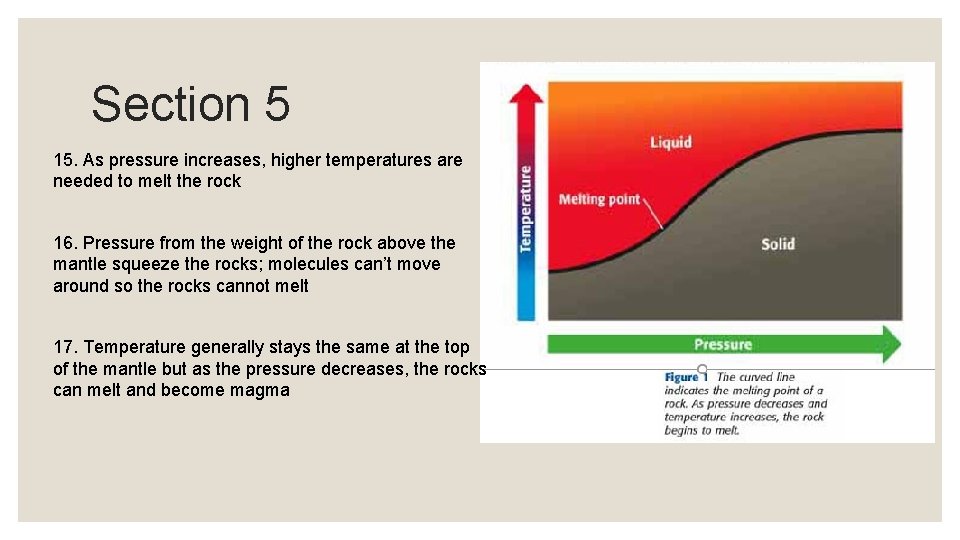 Section 5 15. As pressure increases, higher temperatures are needed to melt the rock