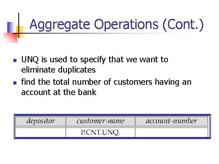 Aggregate Operations (Cont. ) n n UNQ is used to specify that we want