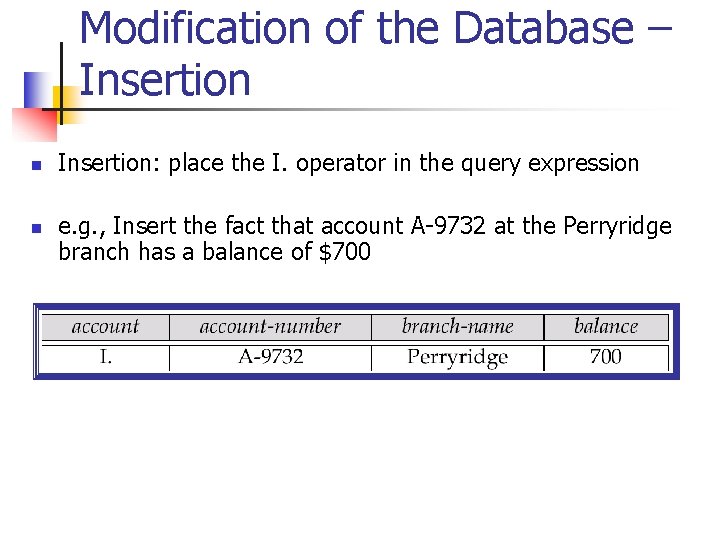 Modification of the Database – Insertion n n Insertion: place the I. operator in